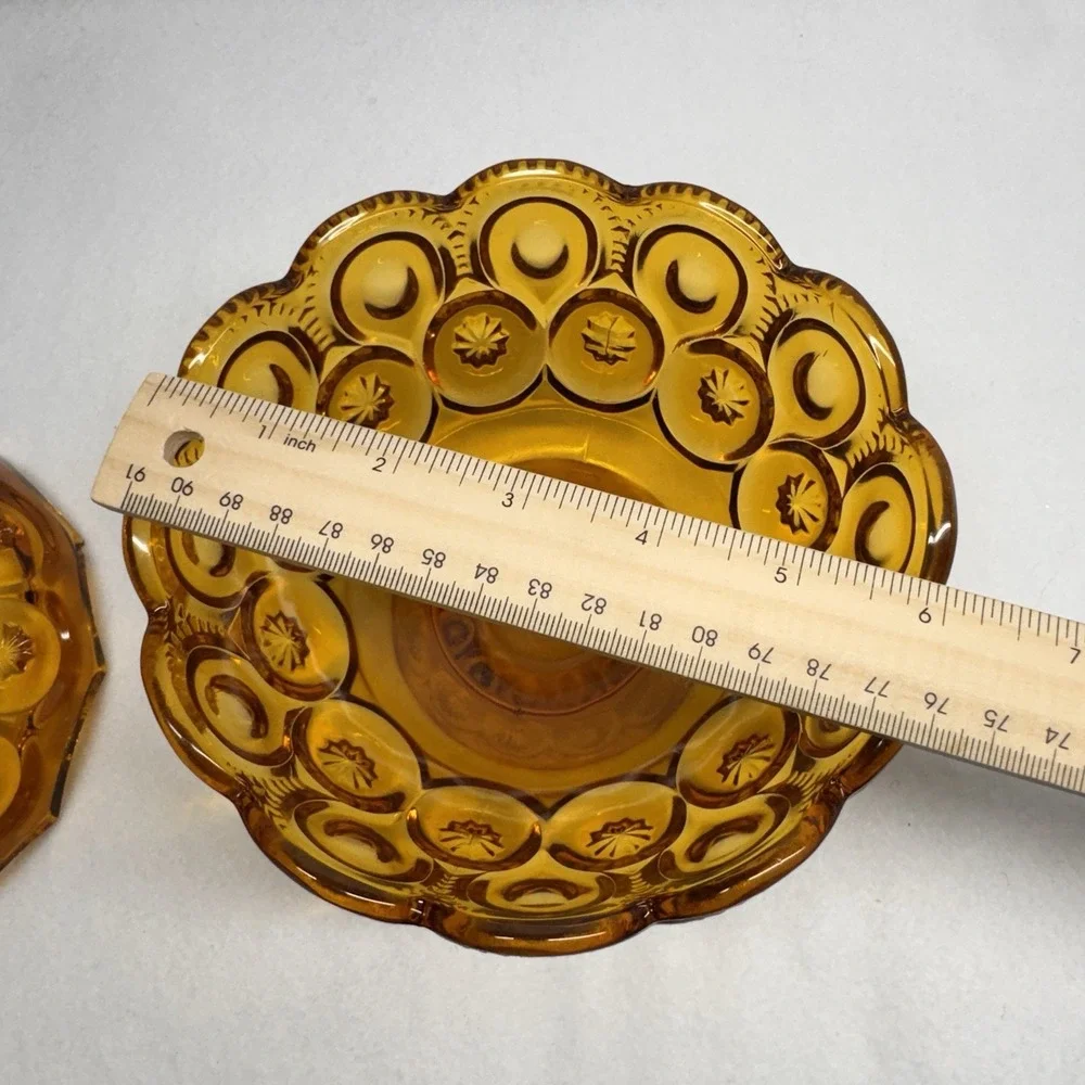 L.E. Smith Candy Dish Amber Vintage Moon and Star Glass Pedestal Lidded MCM Bowl